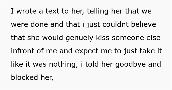 Text about girlfriend kissing another woman in front of friends and boyfriend ending the relationship. Text about girlfriend kissing another woman in front of friends and boyfriend ending the relationship.