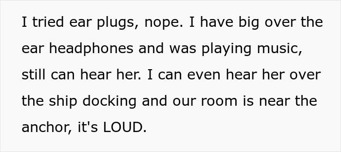 Text excerpt showing a woman struggling to sleep due to loud roommate snoring despite using earplugs and headphones.