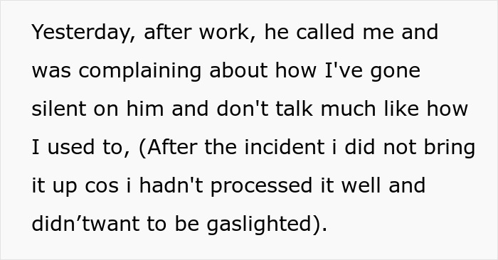 Screenshot of a text message describing silence and suspicion after a man’s suspicious work trip causing relationship doubts. Screenshot of a text message describing silence and suspicion after a man’s suspicious work trip causing relationship doubts.