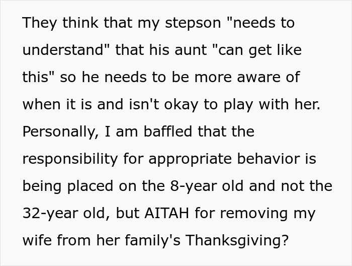 Text discussing a husband removing his wife and kids from Thanksgiving after sister’s major tantrum causes family conflict.