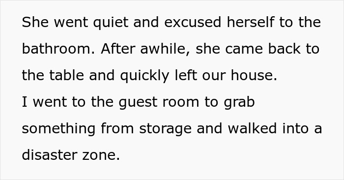 Text excerpt describing a woman leaving quickly and a disaster zone after deciding to destroy child's Christmas presents.