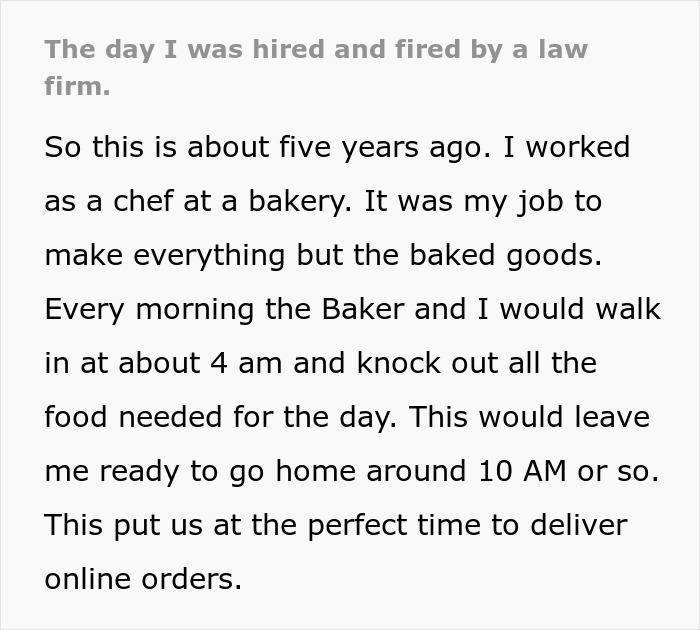 Text excerpt describing a baker’s early morning routine, focusing on delivering bagels and a corporate comedy twist.