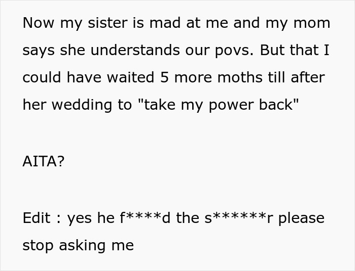 Text discussing sister's reaction after woman remade her wedding dress instead of giving it to her, causing family conflict.