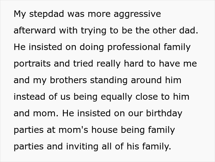 Stepdad aggressively tries to replace kids’ bio dad, organizing family events to win their affection but faces resistance.