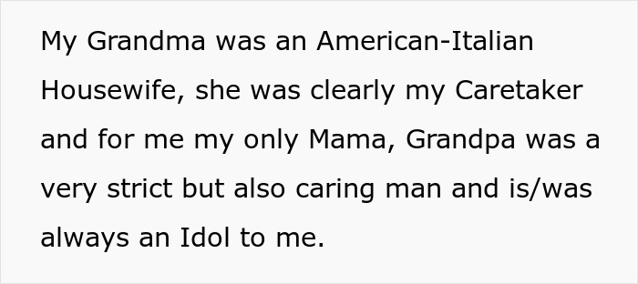 Text on a white background discusses family roles, highlighting a grandma as caretaker and grandpa as strict but caring. Text on a white background discusses family roles, highlighting a grandma as caretaker and grandpa as strict but caring.