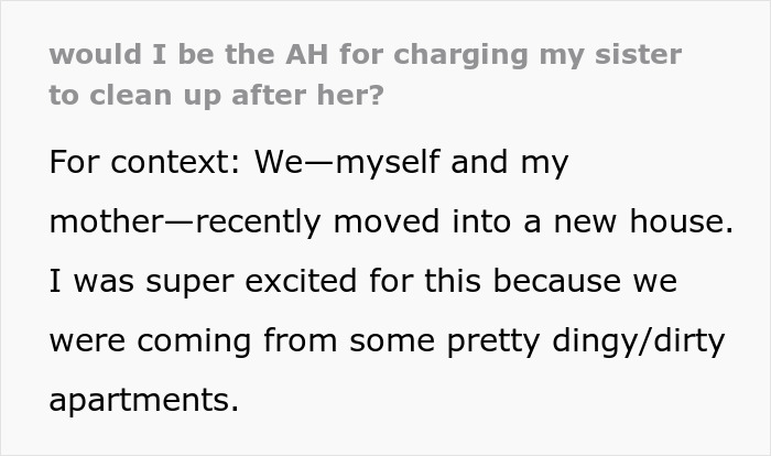 Text excerpt about woman considering charging sister a clean-up fee after spotting roaches following her move-in. Text excerpt about woman considering charging sister a clean-up fee after spotting roaches following her move-in.