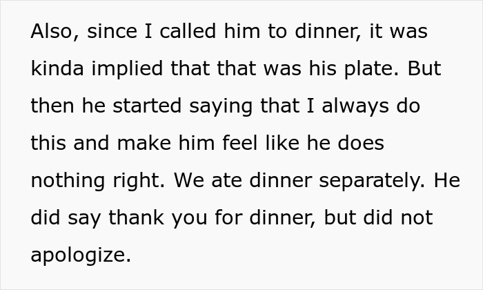 Text excerpt about a man leaving domestic chores to his wife and expecting dinner served, causing conflict. Text excerpt about a man leaving domestic chores to his wife and expecting dinner served, causing conflict.