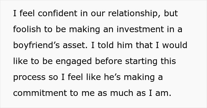 Text about girlfriend refusing to finance boyfriend’s $100k renovation without engagement, fearing marriage as transaction. Text about girlfriend refusing to finance boyfriend’s $100k renovation without engagement, fearing marriage as transaction.