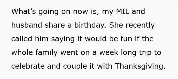 Text on a white background describes a family holiday plan where a woman purposely excludes her sick daughter-in-law.