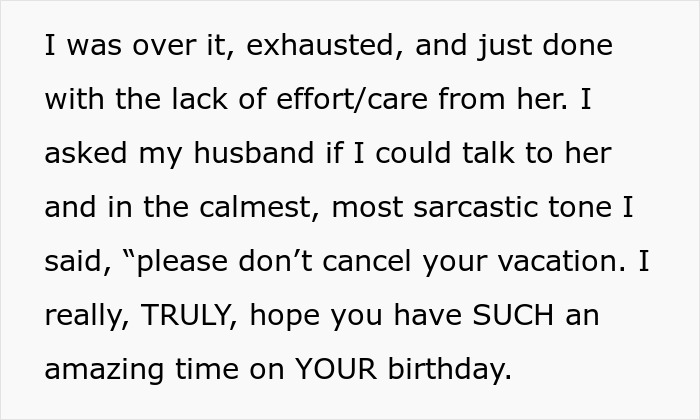 Text excerpt showing a sarcastic message from a woman frustrated with her sick DIL during a family holiday conflict.