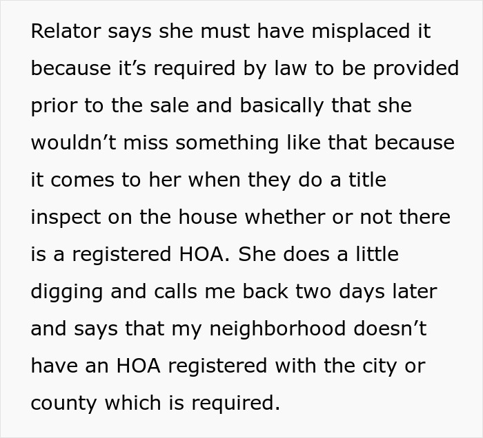 Text excerpt discussing a realtor addressing legal requirements regarding HOA registration during a house sale process. Text excerpt discussing a realtor addressing legal requirements regarding HOA registration during a house sale process.