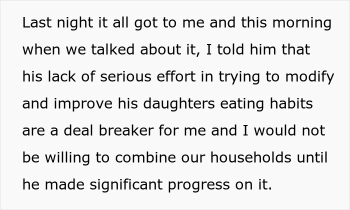 Text discussing a foodie woman breaking up with fiancé over his kid’s eating habits and future of buttered noodles. Text discussing a foodie woman breaking up with fiancé over his kid’s eating habits and future of buttered noodles.