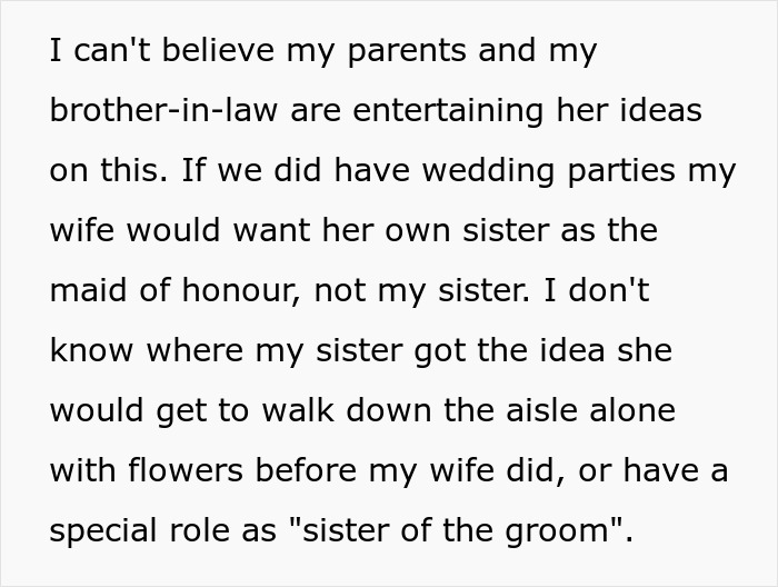 Text excerpt about a guy rejecting his sister’s idea for his big wedding, causing family tension due to her rejection sensitive dysphoria. Text excerpt about a guy rejecting his sister’s idea for his big wedding, causing family tension due to her rejection sensitive dysphoria.