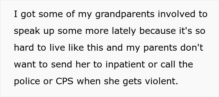 Text about feeling like a prisoner around mentally unstable sister, with parents prioritizing her and avoiding intervention.