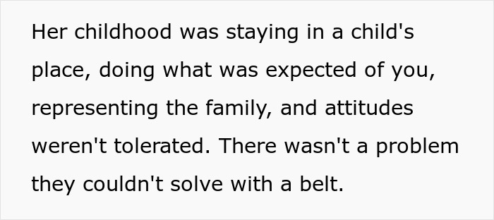 Text excerpt discussing a childhood spent fulfilling family expectations, highlighting strict discipline and lack of tolerance. Text excerpt discussing a childhood spent fulfilling family expectations, highlighting strict discipline and lack of tolerance.
