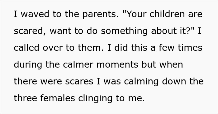 Alt text: Parents act entitled on haunted hayride, leaving their scared kids to be comforted by a stranger during scary moments. Alt text: Parents act entitled on haunted hayride, leaving their scared kids to be comforted by a stranger during scary moments.