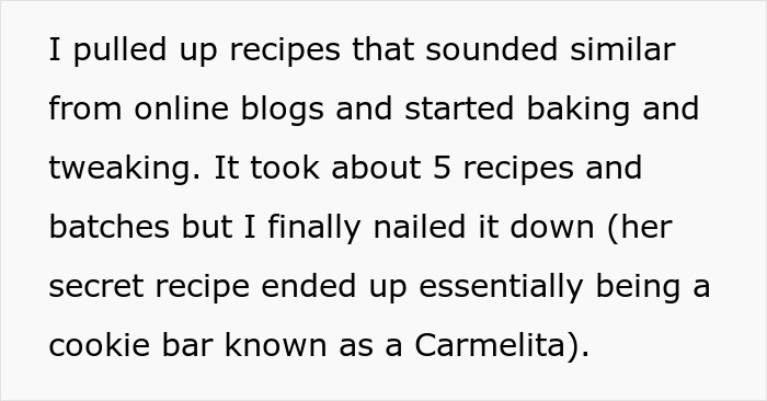Text describing a woman perfecting her secret cookie recipe called Carmelita, outshining her boyfriend&rsquo;s mom&rsquo;s baking skills.