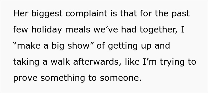 Text excerpt discussing someone being criticized for taking daily walks after holiday meals, related to avid walker doing 20K steps per day. Text excerpt discussing someone being criticized for taking daily walks after holiday meals, related to avid walker doing 20K steps per day.