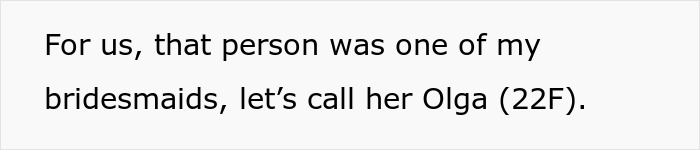Text excerpt about a bridesmaid named Olga, related to bridesmaid breaking dress code with bold red dress at an all-black wedding. Text excerpt about a bridesmaid named Olga, related to bridesmaid breaking dress code with bold red dress at an all-black wedding.