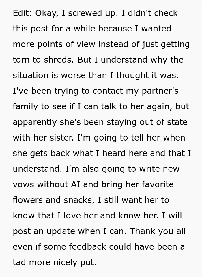 Text post reflecting regret over using AI to write wedding vows and plans to rewrite vows without AI. Text post reflecting regret over using AI to write wedding vows and plans to rewrite vows without AI.
