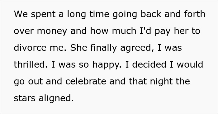Text describing a man happy about his ex-wife caught cheating, celebrating after finalizing their divorce agreement.