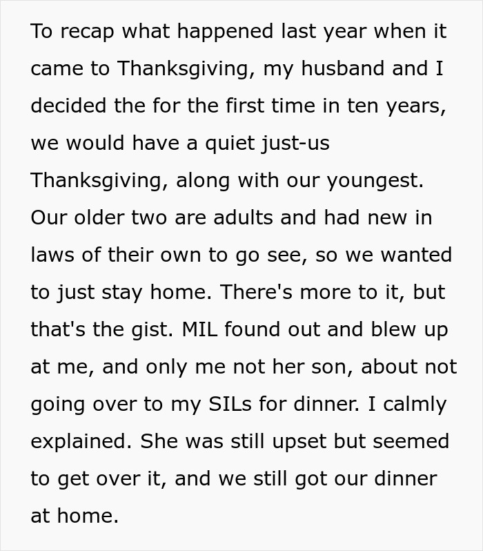 Woman wants to celebrate Thanksgiving with her kid as MIL explodes over family dinner plans and staying home. Woman wants to celebrate Thanksgiving with her kid as MIL explodes over family dinner plans and staying home.
