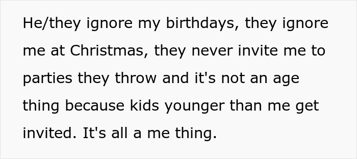 Text describing a scapegoat sibling ignored on birthdays and holidays, highlighting family tensions with a golden child brother. Text describing a scapegoat sibling ignored on birthdays and holidays, highlighting family tensions with a golden child brother.