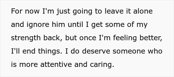 Text excerpt showing a woman deciding to end a relationship due to lack of care after surgery, needing a boyfriend upgrade. Text excerpt showing a woman deciding to end a relationship due to lack of care after surgery, needing a boyfriend upgrade.