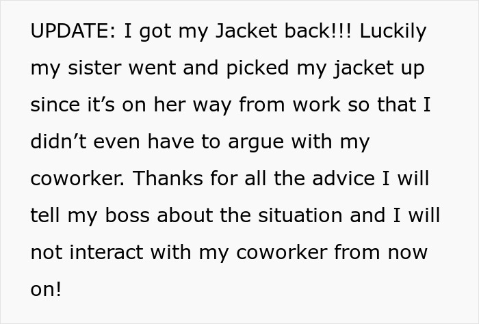 Update about woman refusing to return coworker’s expensive jacket, resolved without direct argument. Update about woman refusing to return coworker’s expensive jacket, resolved without direct argument.