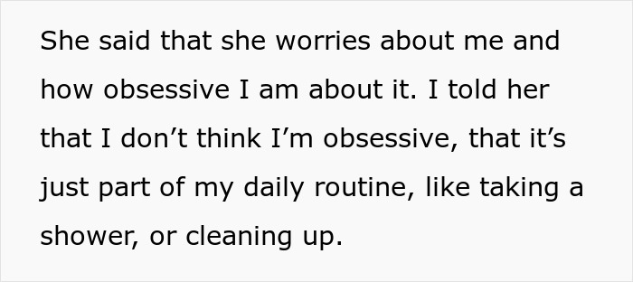 Text excerpt showing a person explaining their daily routine obsession, including walking 20K steps and cleaning up. Text excerpt showing a person explaining their daily routine obsession, including walking 20K steps and cleaning up.