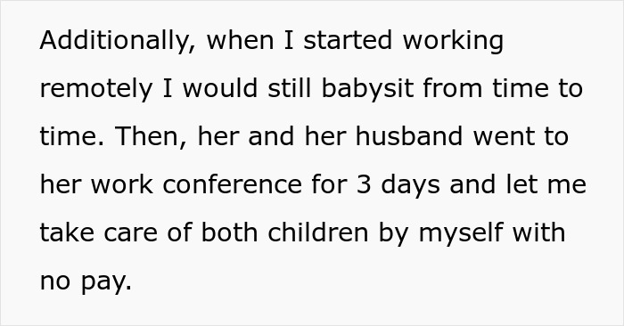 Text about babysitting for years without pay until younger sister finally says no in a family conflict context.