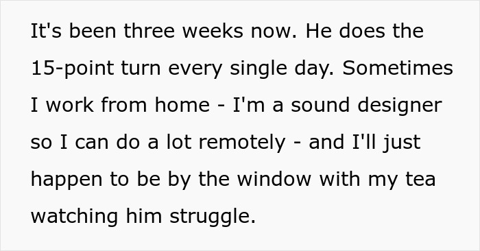 Text excerpt describing a neighbor observing a male Karen struggling with parking and a 15-point turn daily. Text excerpt describing a neighbor observing a male Karen struggling with parking and a 15-point turn daily.
