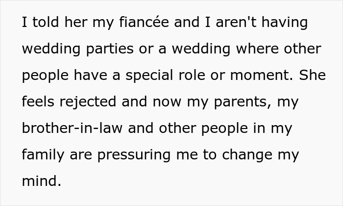 Man rejects sister's idea for big wedding, causing family tension linked to rejection sensitive dysphoria. Man rejects sister's idea for big wedding, causing family tension linked to rejection sensitive dysphoria.