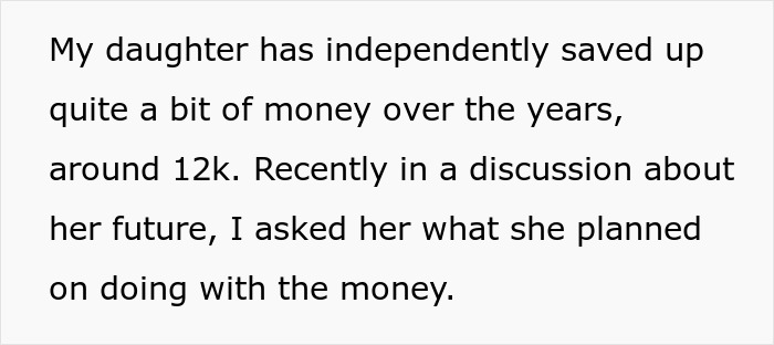 Text excerpt about daughter saving money and discussing plans, related to BBL inheritance and college payment conflict.