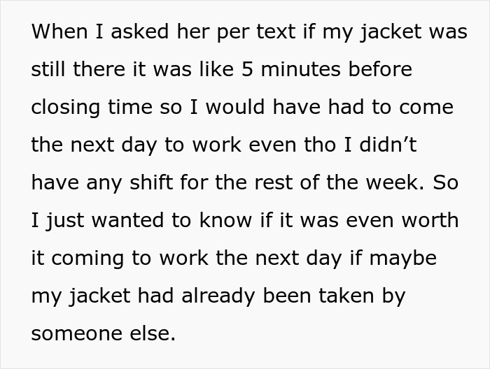 Text message conversation about a woman refusing to return her coworker’s expensive jacket after work hours. Text message conversation about a woman refusing to return her coworker’s expensive jacket after work hours.
