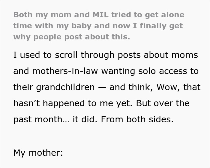 Text excerpt about mom feeling uncomfortable leaving baby alone with mom or MIL discussing solo access and family dynamics.