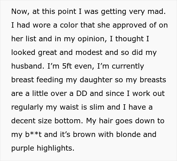 Text describing a bride's mad cousin upset about dress choices at a wedding, focusing on body and appearance details. Text describing a bride's mad cousin upset about dress choices at a wedding, focusing on body and appearance details.