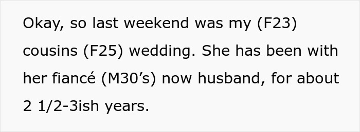 Text excerpt describing a bride mad at her cousin’s dress choice during a wedding event.