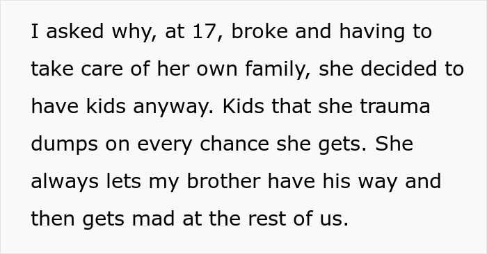 Text excerpt showing a 17-year-old expressing frustration as mom retires from parenting and kids must buy their own food. Text excerpt showing a 17-year-old expressing frustration as mom retires from parenting and kids must buy their own food.