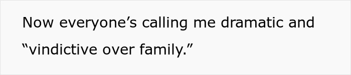 Screenshot of text reading now everyone’s calling me dramatic and vindictive over family, related to brother using sister’s credit card dispute. Screenshot of text reading now everyone’s calling me dramatic and vindictive over family, related to brother using sister’s credit card dispute.