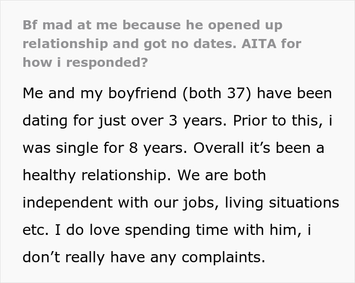 Text excerpt about a boyfriend who opens relationship but gets no dates, describing a 3-year healthy partnership.