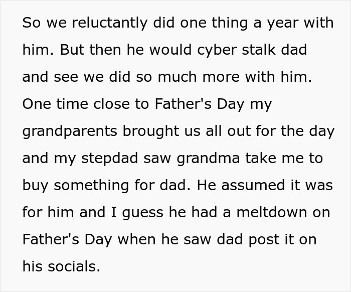 Text about stepdad trying to displace kids’ bio dad, involving Father's Day and family interactions causing upset.