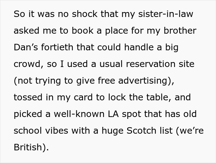 Text excerpt describing sister-in-law booking a venue for a brother’s fortieth birthday with rich man refusing to pay for cake ordered behind his back.