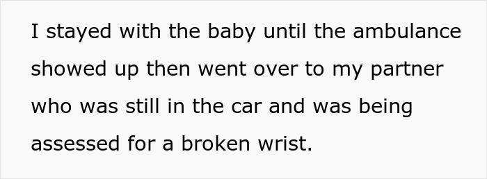 Text excerpt describing a nurse girlfriend prioritizing a baby and dogs during a car crash while partner is assessed for injury. Text excerpt describing a nurse girlfriend prioritizing a baby and dogs during a car crash while partner is assessed for injury.