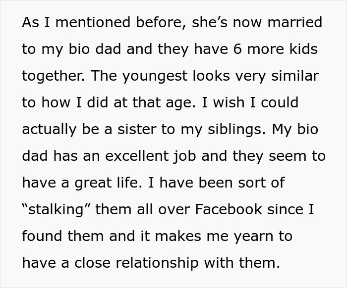 Text excerpt from a woman sharing her feelings about wanting to reunite with her biological family and struggling with adoptive parents. Text excerpt from a woman sharing her feelings about wanting to reunite with her biological family and struggling with adoptive parents.