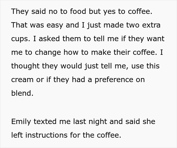 Text excerpt about MIL offering to make morning coffee for DIL, ignoring specific coffee instructions after a fancy recipe demand. Text excerpt about MIL offering to make morning coffee for DIL, ignoring specific coffee instructions after a fancy recipe demand.