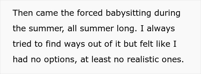 Text excerpt about forced babysitting during summer, relating to teen telling dad she won’t babysit step-siblings again.