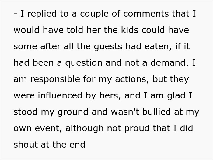 Text excerpt about an entitled mother demanding food for her children at a private party and the host standing their ground.
