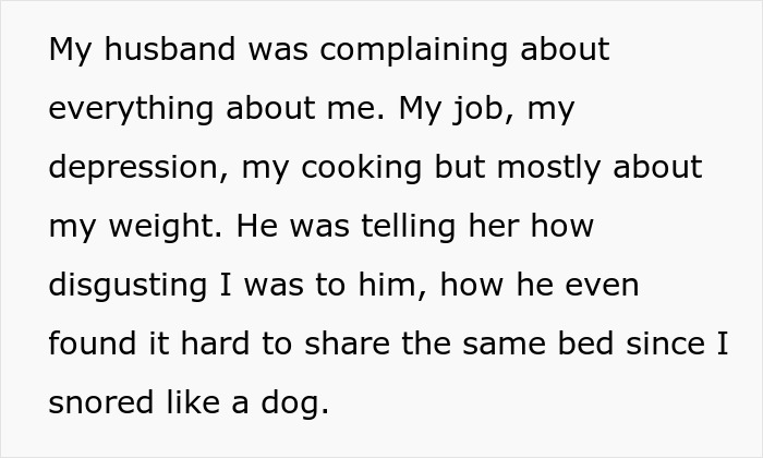 Text excerpt revealing woman finds out her supportive husband made fun of her to his cheating ex-wife. Text excerpt revealing woman finds out her supportive husband made fun of her to his cheating ex-wife.