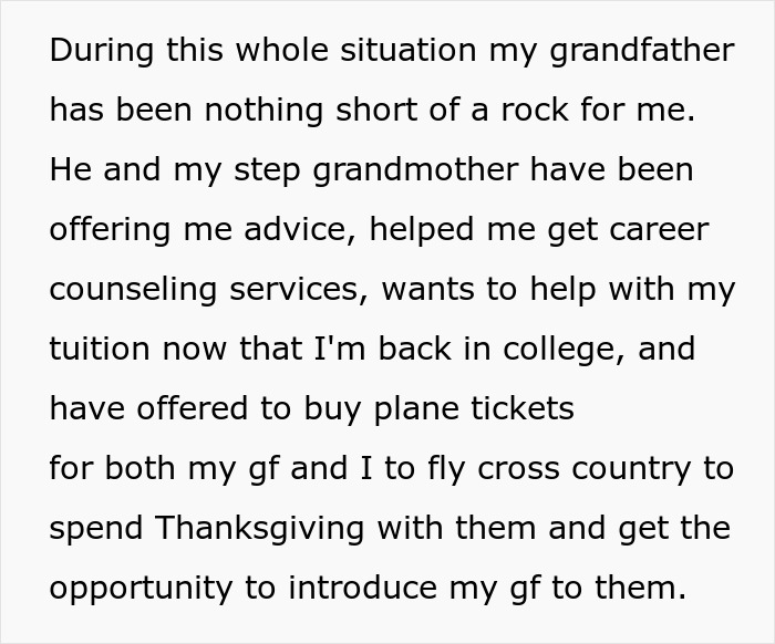 Text describing support from step-grandparents and grandfather offering help with college and travel plans.